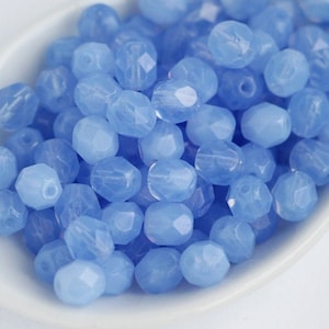 30pcs Milky Blue 6mm Czech Fire Polished Glass Beads Polish Facet Bead 6mm Opal Blue Blue Round Beads