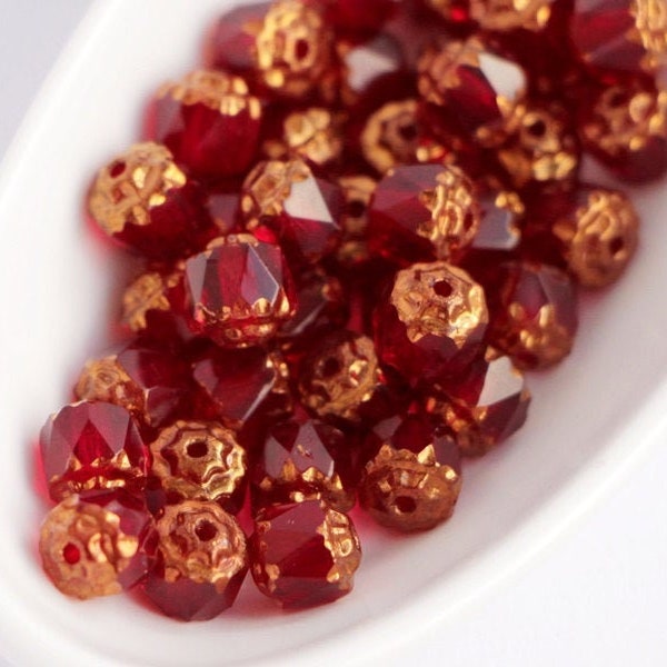 20pcs Ruby Red Bronze 6mm Cathedral Czech Glass Beads with golden ends fire polished glass bead