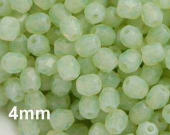 4mm Milky Green Czech Beads Fire Polished 4mm Small Round Opal Green Polish Faceted Small Facet Shade Green Pale