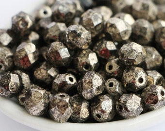 30pcs Metallic Antic Platinum Bronze 6mm Czech Fire Polished Antique Black Picasso Bronze Glass Beads Polish Faceted Round