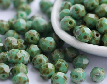 30pcs Antique Turquoise 6mm Czech Glass Beads Fire Polished Beads 6mm Glass Faceted Round Beads Turquoise Travertine