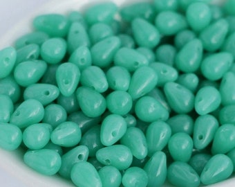 50pcs Milky aqua green glass drop beads 4x6mm 50pcs Czech Glass Beads Tiny Teardrops Czech briolette opal green