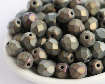 30pcs Frosted Iris Brown 6mm Czech Fire Polished Glass Beads 6mm Metallic Brown matte Facet glass Round Czech Beads