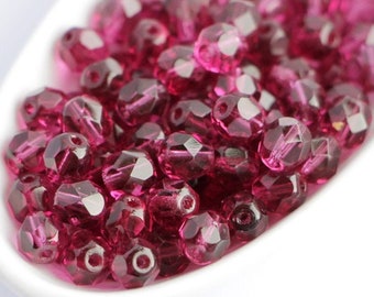 30pcs Pink Fuchsia 6mm Czech Round Fire Polished Glass Polish Faceted Round Beads 6mm Dark Pink Facet Glass Beads