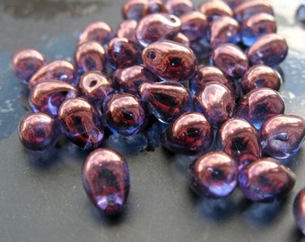 25pcs Gold Amethyst Glass Czech Glass Drops 5x7mm Czech Teardrop Beads Golden Lilac Mini Briolette Lavender