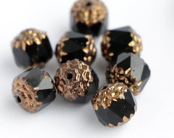 15pcs Bronze Black Cathedral Bead 8mm Czech Glass Beads with golden ends 8mm fire polished facet beads black