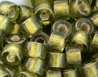 30pcs 6x4mm Silver Line Olivine Green Pony beads 2mm large hole Roller beads Czech Glass Beads big spacer beads