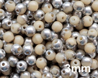 100pcs Metallic Silver Beige 3mm Czech Glass Beads Tiny Round Beads Silver Ivory 3mm Smooth round