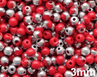 100pcs Silver Red 3mm Czech Glass Beads 3mm Small glass druck Beads 3mm, Smooth round bead spacer