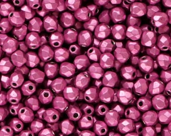 100pcs Saturated Metallic Pink Yarrow Czech Glass beads 3mm Fire Polished Glass Beads Metallic Pink Round Polish Faceted Small Beads