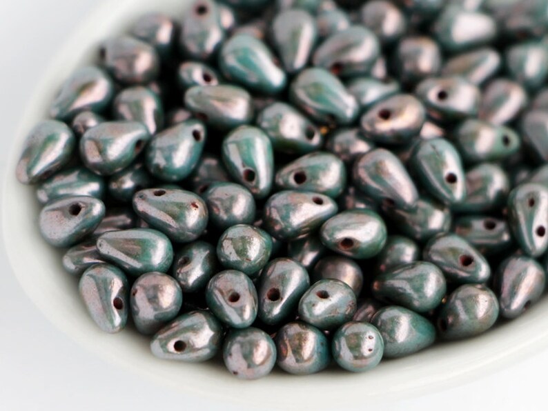 Antique Turquoise Bronze Picasso Teardrops 4x6mm Czech Glass Drop Beads Briolette Travertine Green Small Briolettes Stone Turquoise 50pcs