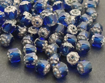 20pcs Sapphire Blue Silver 6mm Cathedral Czech Glass Beads with silver ends fire polished brilliant blue facet glass Cathedral