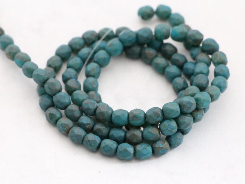 50psc Small Czech Fire Polished Glass Beads Frosted Vintage Faceted Round Bead 4mm Antique Aqua Blue Picasso
