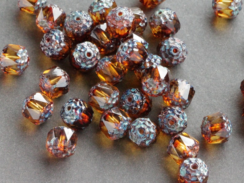 15pcs Topaz Picasso Cathedral 8mm Czech Glass Beads with antique ends fire polished beads travertine image 7