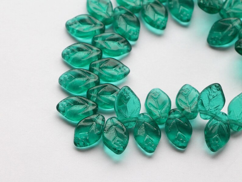 Teal Leaves beads 12x7mm Czech Glass Leaves Leaf Floral Beads Teal Green 30pcs