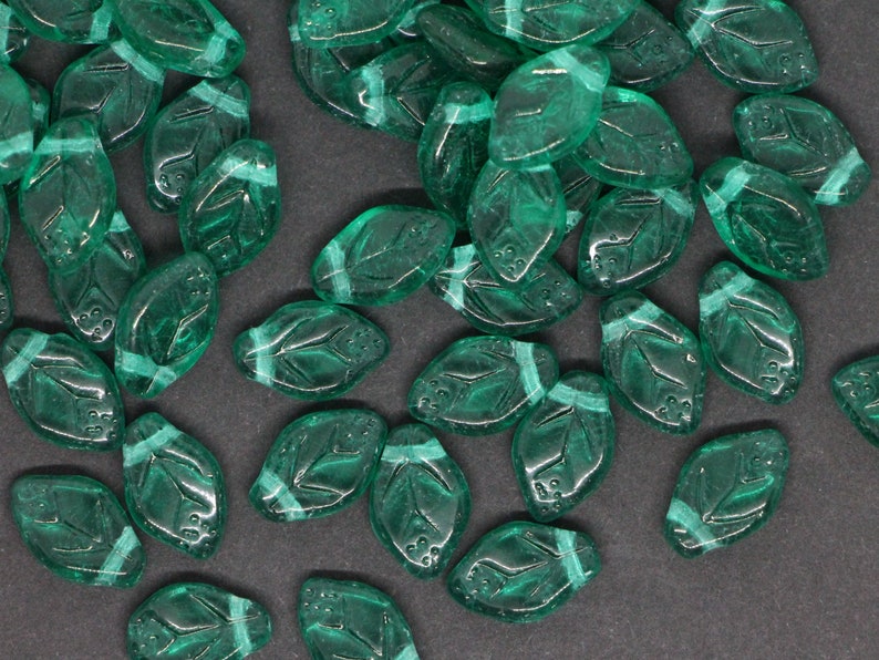 Teal Leaves beads 12x7mm Czech Glass Leaves Leaf Floral Beads Teal Green 30pcs