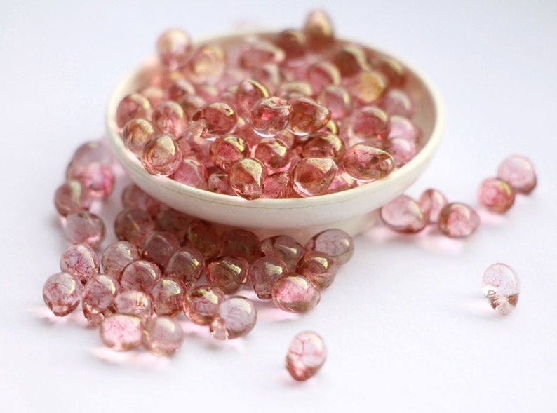 Small teardrops 5x7mm 25pcs Light Pink coating Czech Glass Beads Tiny Drops Pink Teardrop Gold Pink Rose Small Briolette image 1