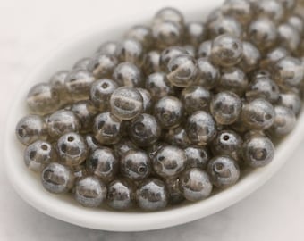 50pcs Smoked Gray 6mm Czech Glass Round Beads Smooth Beads 6mm Grey lustered black diamond