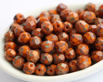 30pcs Picasso Sun Orange Antique Travertine 6mm Czech Beads Fire Polished Round Sunflower Picasso Rustic Red Orange Beads
