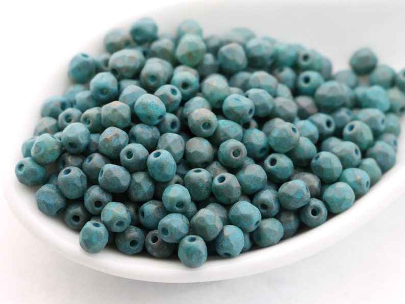 50psc Small Czech Fire Polished Glass Beads Frosted Vintage Faceted Round Bead 4mm Antique Aqua Blue Picasso