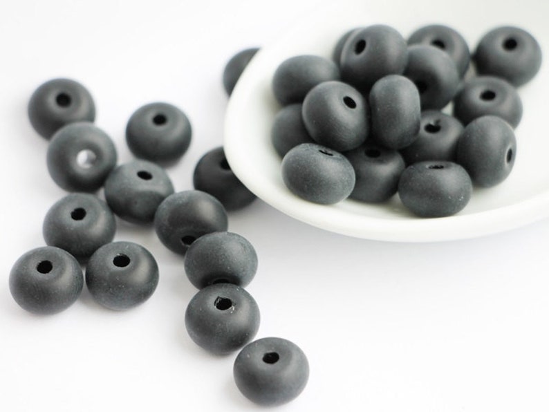 20pcs Matte Black Czech Rondelle Beads 6x10mm Czech Glass seaglass beads frosted jet donuts beads 10mm image 4