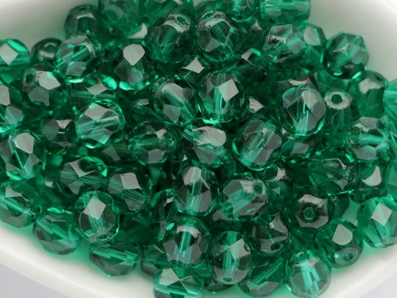 25 Pcs 6mm Firepolished Round Czech Glass Beads -Iridescent Clear Emerald