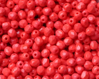 50pcs Pink Coral Red 4mmm Czech Fire Polished Glass Beads Small Facet Round Beads coral opaque