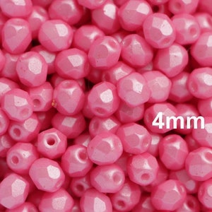 4mm Pearl Shine Pink 50pcs Czech Fire Polished Glass Beads Rose Round Faceted Bohemian Glass Beads