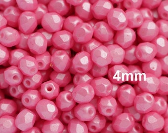 4mm Pearl Shine Pink 50pcs Czech Fire Polished Glass Beads Rose Round Faceted Bohemian Glass Beads