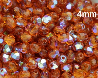 50pcs Amber Topaz 4mm Czech Beads Fire Polished Round Cech Glass Facet Beads 4mm topaz AB