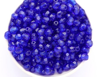 50pcs Blue Cobalt Czech Facet Beads 4mm Fire Polished Czech Beads 4mm Round Dark Sapphire