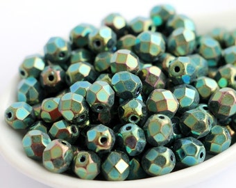 30pcs Iris Green Beads 6mm Czech Fire Polished Beads Facet Glass Rainbow Metallic Green Polish Faceted Beadsv