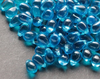 25 Stück Tröpfchen 6 x 9 mm dunkel aqua blau böhmische Glastropfen Perlen
