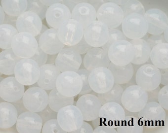 50pcs Glass Moonstone Opal White Round Beads 6mm Czech Glass Beads 6mm Smooth Round Beads Milky white Opalite