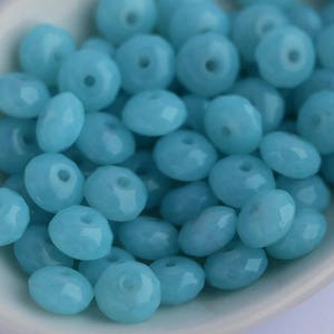 30pcs Milky Aqua Blue Rondelle Beads 7x4mm Czech Fire Polished Beads 7x4mm Rondo Faceted Beads opal Aquamarine Blue