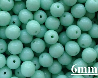 50pcs Opaque Pale Turquoise Glass Round Beads 6mm Pressed Beads 6mm Smooth Round Turquoise Green Beads