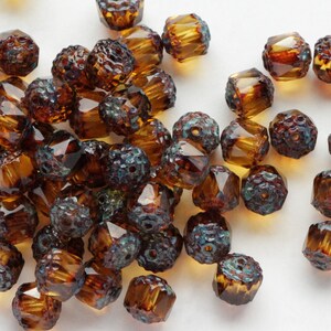 15pcs Topaz Picasso Cathedral 8mm Czech Glass Beads with antique ends fire polished beads travertine image 4