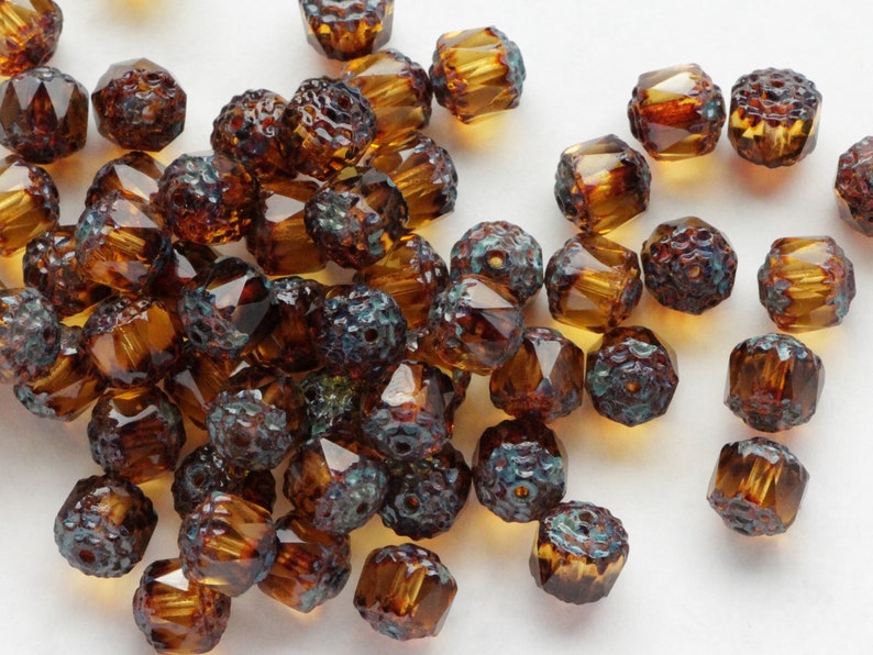 15pcs Topaz Picasso Cathedral 8mm Czech Glass Beads with antique ends fire polished beads travertine image 4