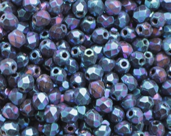 100pcs Metallic iris blue 3mm Czech Fire Polished Glass Beads Round Polished beads 3mm blue rainbow