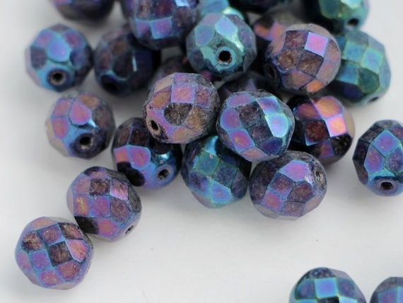 20pcs 8mm Iris Blue Faceted Beads Czech Fire Polished Beads Facet Glass Rainbow Metallic Blue Polished Beads