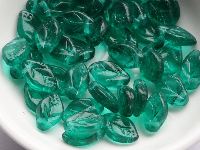 Teal Leaves beads 12x7mm Czech Glass Leaves Leaf Floral Beads Teal Green 30pcs