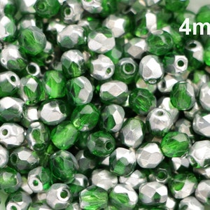 50pcs Green 4mm  Czech Fire Polished Beads Green Round Facet Glass Beads Green half silver
