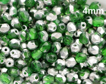 50pcs Green 4mm  Czech Fire Polished Beads Green Round Facet Glass Beads Green half silver