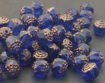 Conjunto de 15 contas de vidro checo azul safira bronze, com lapidação catedral, 8 mm, com extremidades douradas e acabamento polido a fogo.