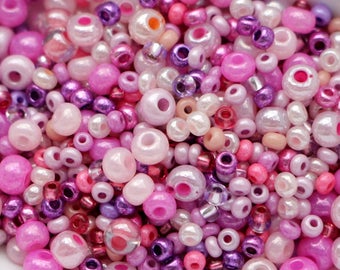 40 g de cuentas de semillas Rocailles surtidas de color rosa, lila, lavanda y morado, cuentas de semillas mixtas, cuentas surtidas, cuentas de semillas para sopa, cuentas de semillas Rocailles para sopa