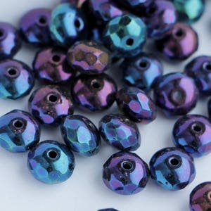 30pcs Metallic Iris Blue Rondelle Beads 4x7mm Czech Fire-Polished Rondo Beads 7x4mm Glass Rondo Facet Beads Metallic Blue