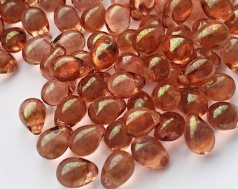 25pcs Rosaline Gold picasso 5x7mm Czech Glass Drop Beads Teardrops Briolette Glass Drop Beads Rose Goldne Lustered 7x5mm