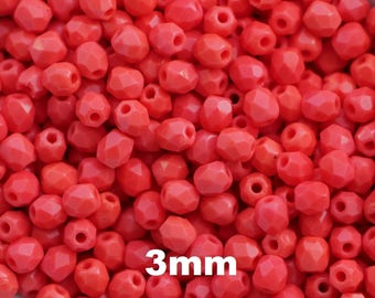 100pcs Bright Coral Red 3mm Czech Fire Polished Beads Bright Red Small Glass Round Facet Beads polished