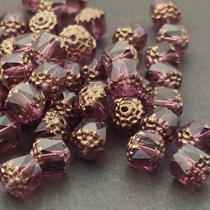 15pcs Amethyst Cathedral Czech Glass Beads 8mm with bronze ends facet glass bead 8mm antique lilack bronze beads