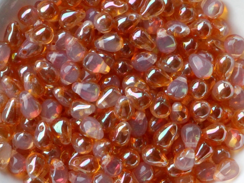 50pcs celsian moonstone Czech glass drop beads 4x6mm Opal orange gold Czech Glass Beads Tiny Teardrops Opalite Beads Milky White image 6